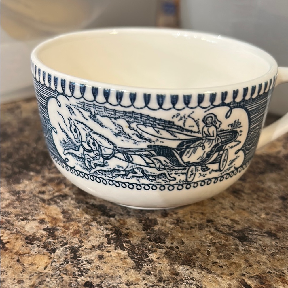 8 vintage Royal China Currier & Ives coffee or tea cup with a blue and white